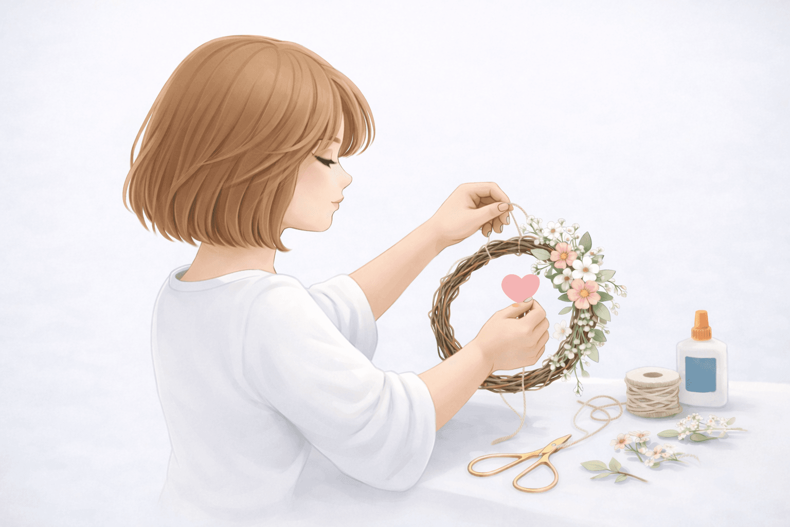 Žena vyrábějící květinový věnec